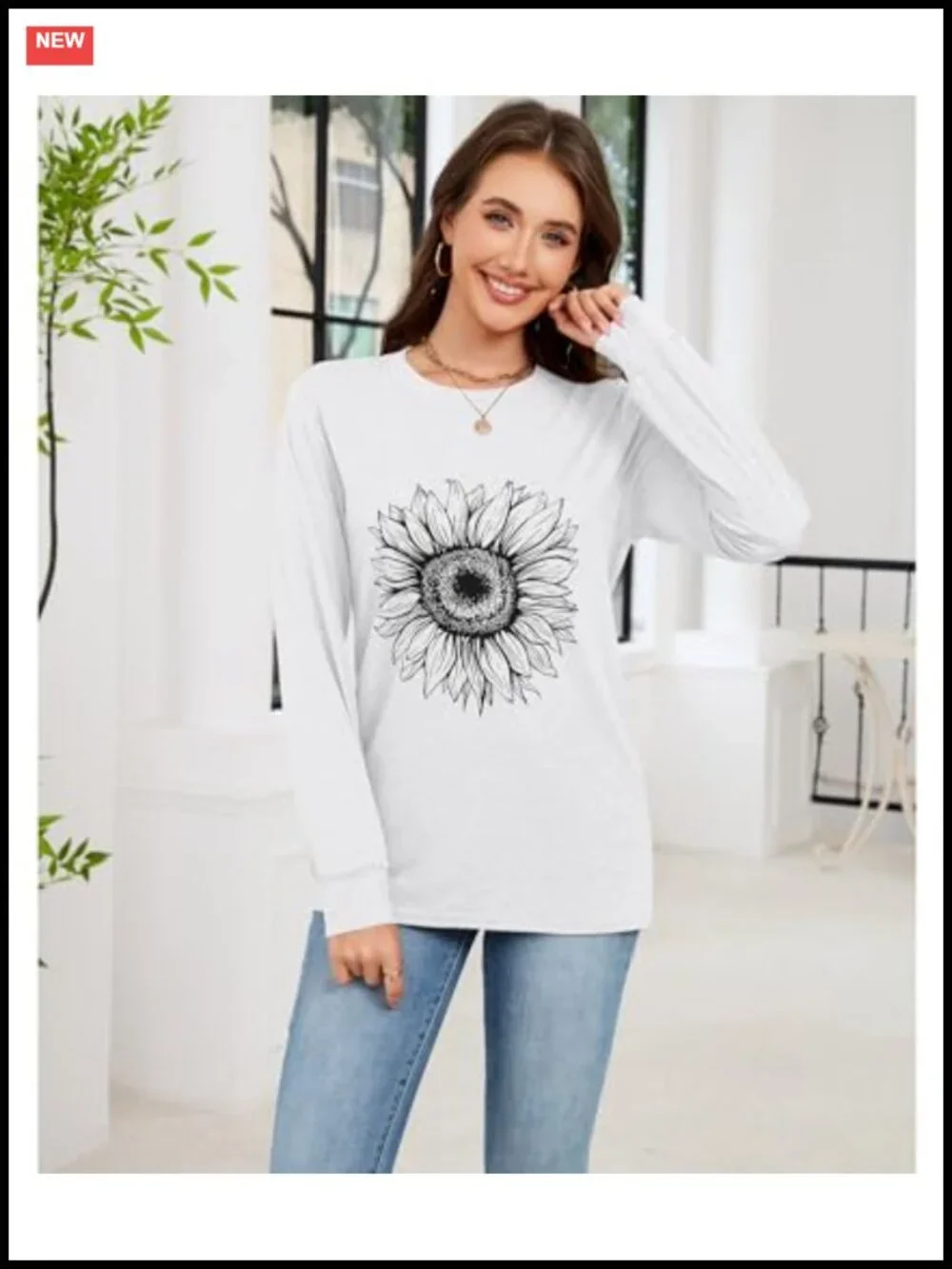 Women's Sunflower Graphic Tee Long Sleeve Crew Neck Loose Fit Tunic Top